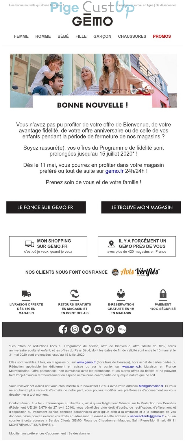 Exemple de Type de media  e-mailing - Gémo - Marketing fidélisation - Animation / Vie du Programme de Fidélité - Incitation au réachat - Marketing Acquisition - Ventes flash, soldes, demarque, promo, réduction