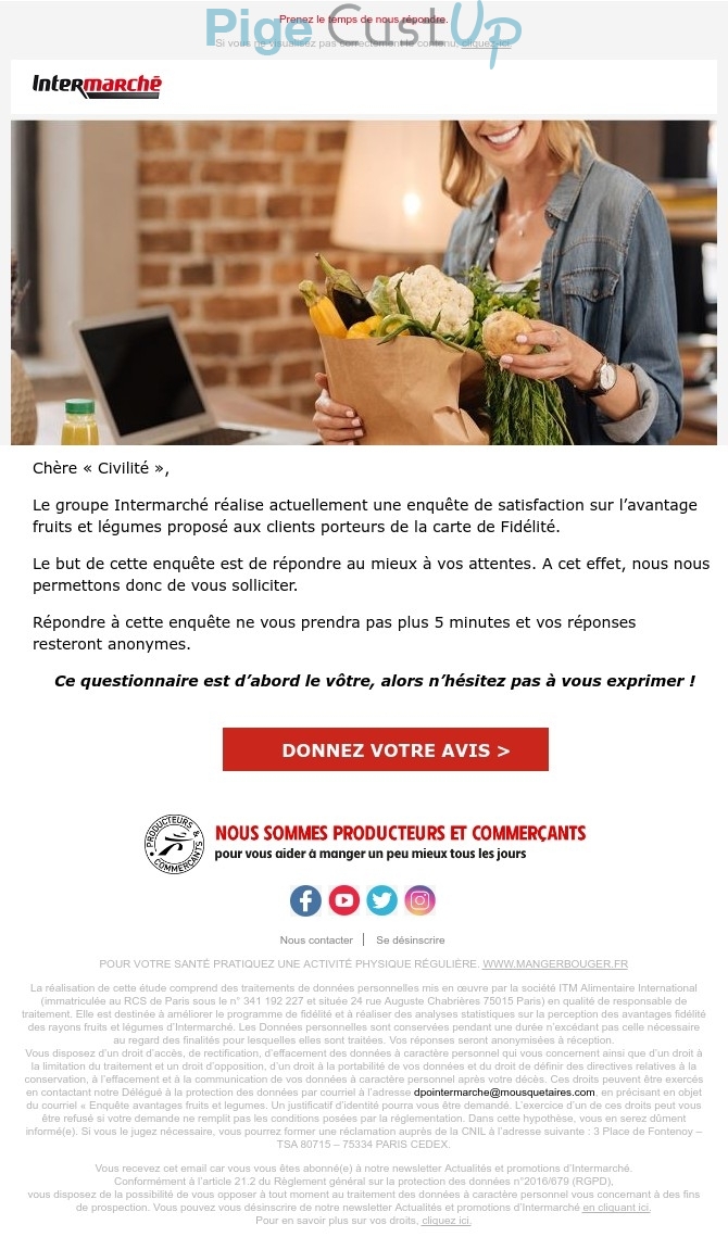 Exemple de Type de media  e-mailing - Intermarché - Enquêtes Clients - NPS / Avis clients