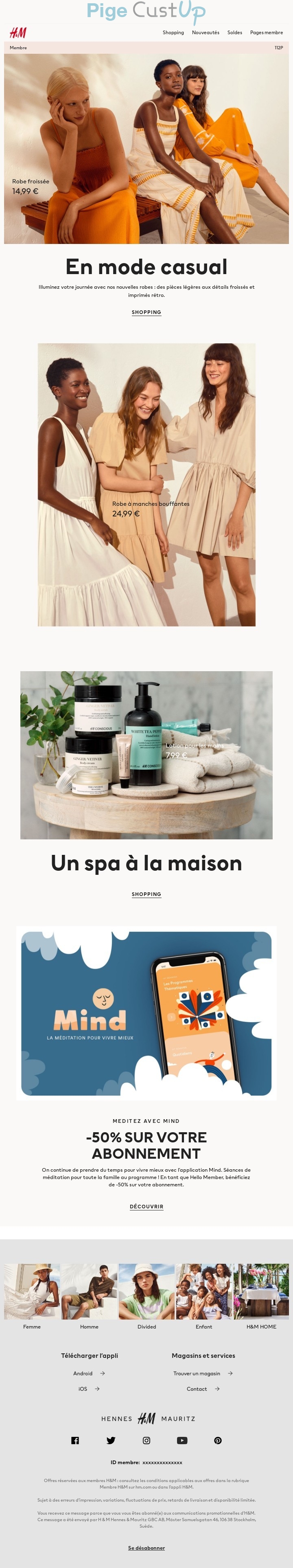 Exemple de Type de media  e-mailing - H&M - Marketing Acquisition - Acquisition abonnements - Marketing marque - Communication Produits - Nouveaux produits - Marketing fidélisation - Incitation au réachat