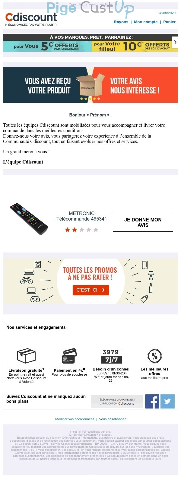 Exemple de Type de media  e-mailing - Cdiscount - Enquêtes Clients - Consultation client - NPS / Avis clients