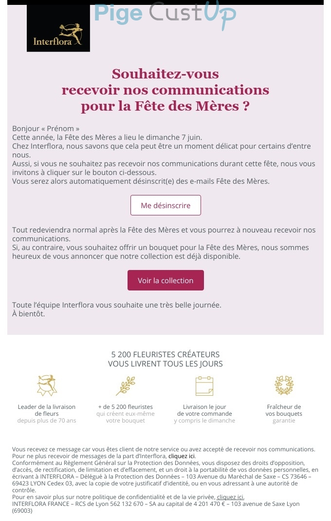 Exemple de Type de media  e-mailing - Interflora - Marketing relationnel - Calendaire (Noël, St valentin, Vœux, …) - Collecte de données - Confirmation Optin / Optinisation - Marketing fidélisation - Incitation au réachat