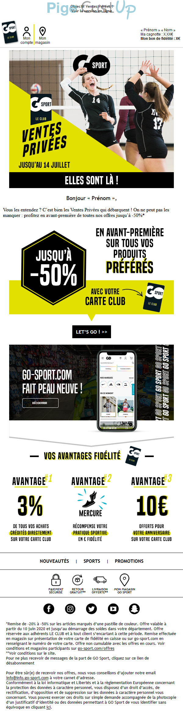Exemple de Type de media  e-mailing - Go Sport - Marketing fidélisation - Animation / Vie du Programme de Fidélité - Incitation au réachat - Points et statut - Marketing marque - Communication Produits - Nouveaux produits - Marketing Acquisition - Ventes privées