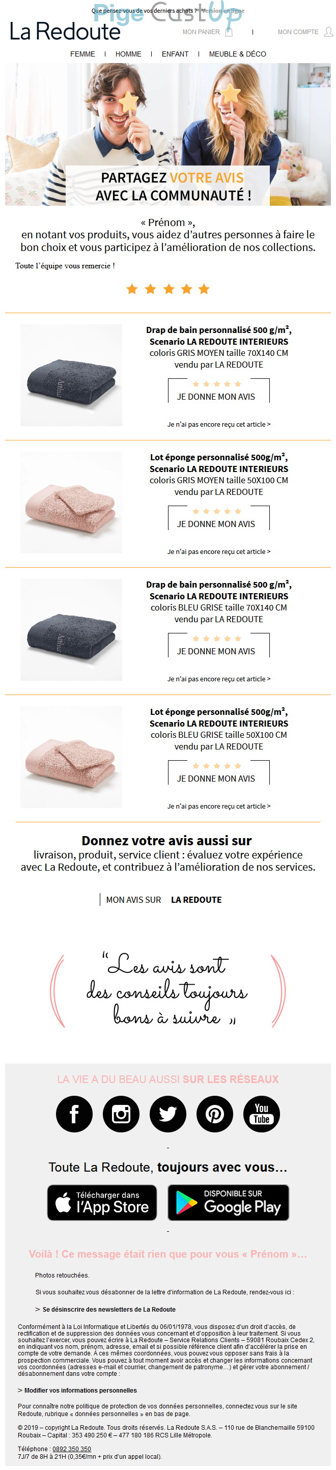 Exemple de Type de media  e-mailing - La Redoute - Enquêtes Clients - NPS / Avis clients