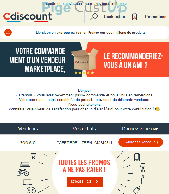 Exemple de Type de media  e-mailing - Cdiscount - Enquêtes Clients - NPS / Avis clients