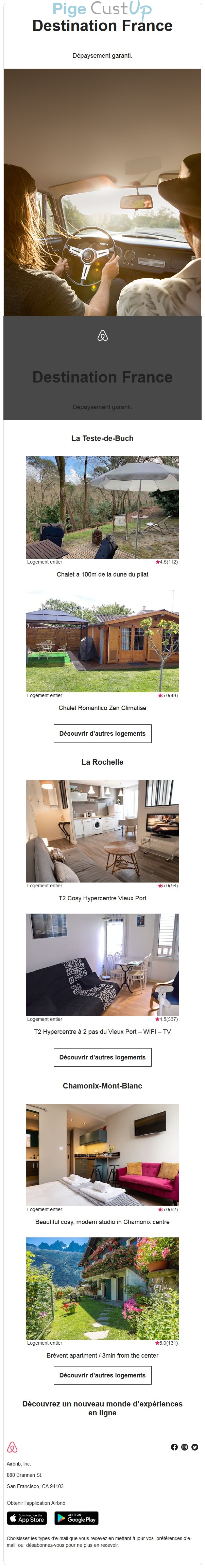 Exemple de Type de media  e-mailing - Airbnb - Marketing marque - Communication Produits - Nouveaux produits - Marketing fidélisation - Incitation au réachat