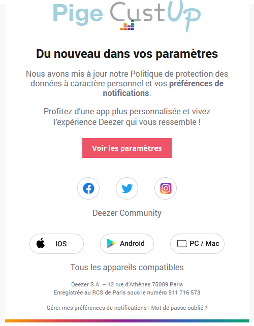 Exemple de Type de media  e-mailing - Deezer - Marketing relationnel - Données clients / RGPD