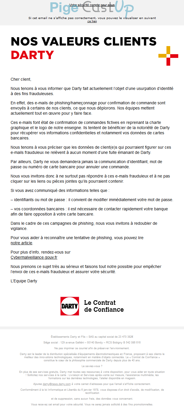 Exemple de Type de media  e-mailing - Darty - Marketing relationnel - Alerting - Données clients / RGPD