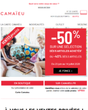 e-mailing - Marketing marque - Communication Produits - Nouveaux produits - Marketing fidélisation - Incitation au réachat - Points et statut - Marketing Acquisition - Ventes flash, soldes, demarque, promo, réduction - Ventes privées - Camaïeu - 06/2020