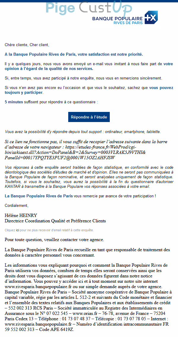 Exemple de Type de media  e-mailing - Banque Populaire - Enquêtes Clients - NPS / Avis clients