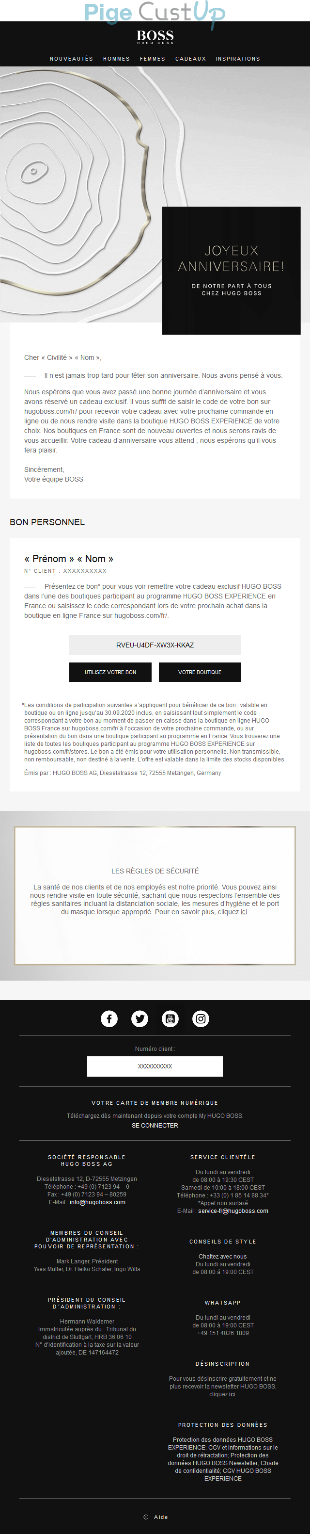 Exemple de Type de media  e-mailing - Hugo Boss - Marketing relationnel - Anniversaire / Fête contact