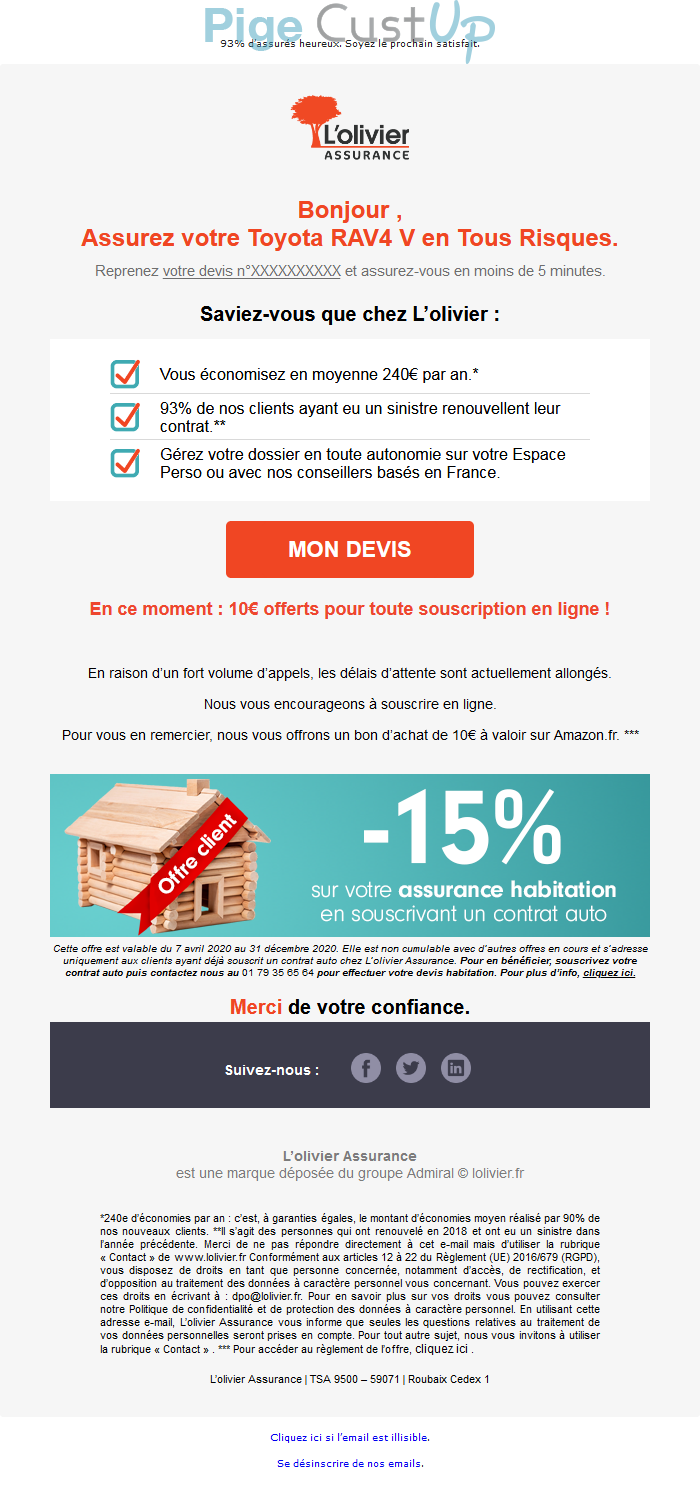 Exemple de Type de media  e-mailing - L'olivier Assurance - Collecte de données - Acquisition de leads