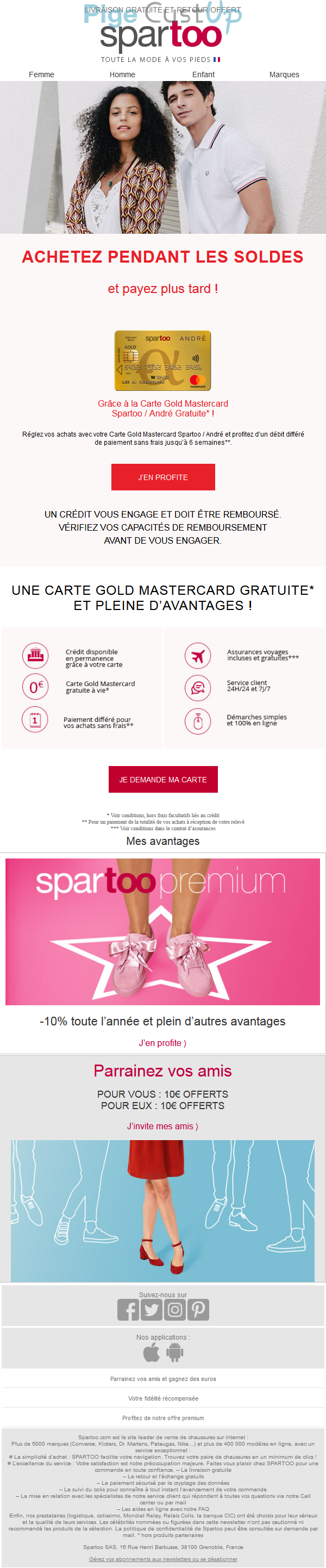 Exemple de Type de media  e-mailing - Spartoo - Marketing marque - Communication Services - Nouveaux Services - Marketing fidélisation - Incitation au réachat - Marketing Acquisition - Parrainage - Ventes flash, soldes, demarque, promo, réduction