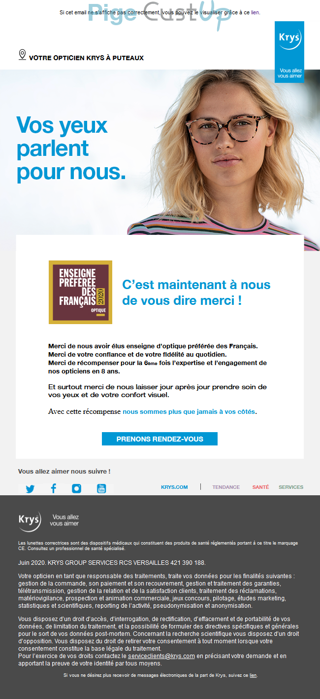 Exemple de Type de media  e-mailing - Krys - Marketing marque - Institutionnel - Marketing relationnel - Remerciements