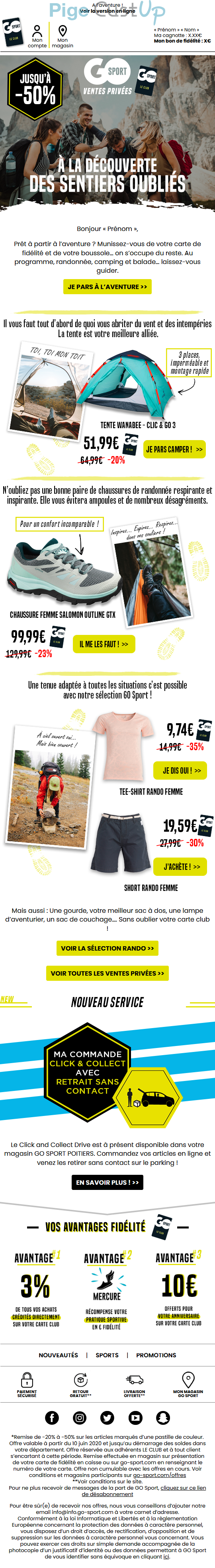 Exemple de Type de media  e-mailing - Go Sport - Marketing marque - Communication Produits - Nouveaux produits - Communication Services - Nouveaux Services - Marketing fidélisation - Incitation au réachat - Points et statut - Marketing Acquisition - Ventes flash, soldes, demarque, promo, réduction