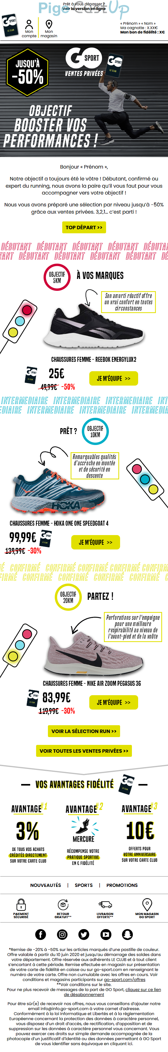Exemple de Type de media  e-mailing - Go Sport - Marketing marque - Communication Produits - Nouveaux produits - Marketing fidélisation - Incitation au réachat - Points et statut - Marketing Acquisition - Ventes flash, soldes, demarque, promo, réduction