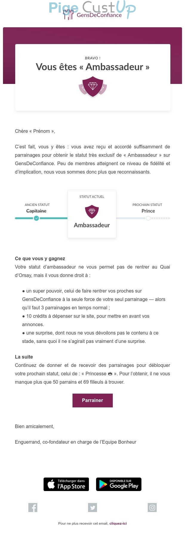 Exemple de Type de media  e-mailing - Gensdeconfiance.fr - Marketing Acquisition - Parrainage - Marketing fidélisation - Points et statut - Recompenses