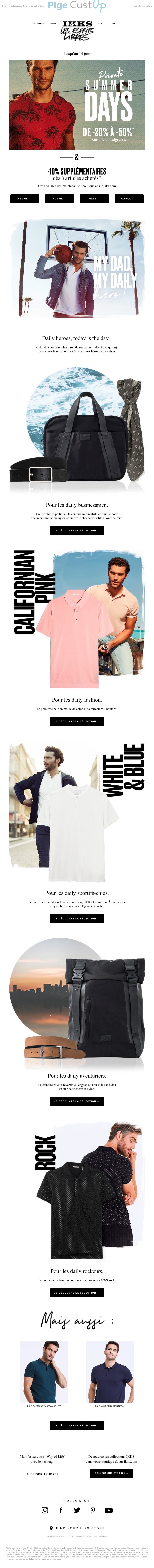 Exemple de Type de media  e-mailing - IKKS - Marketing marque - Communication Produits - Nouveaux produits - Marketing fidélisation - Incitation au réachat - Marketing Acquisition - Ventes flash, soldes, demarque, promo, réduction