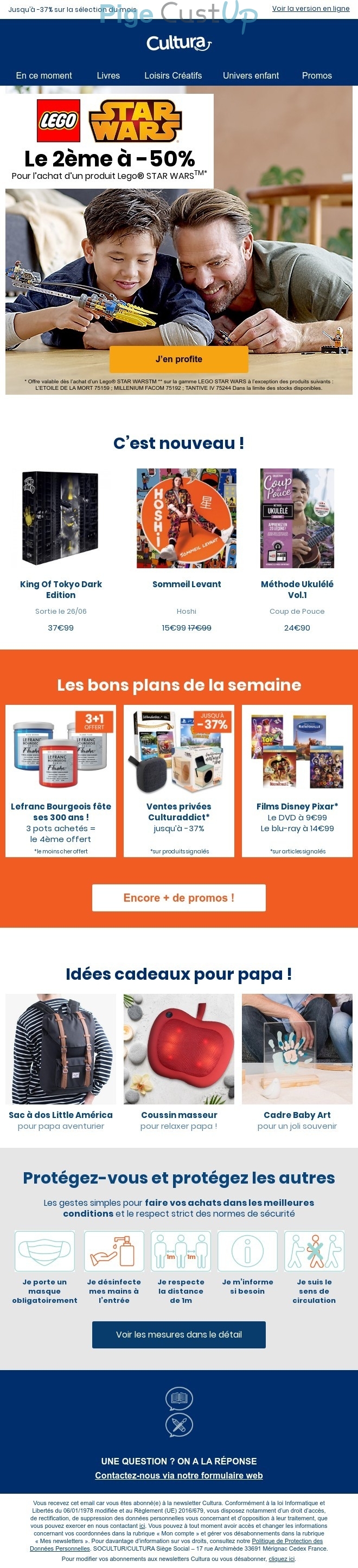 Exemple de Type de media  e-mailing - Cultura - Marketing marque - Communication Produits - Nouveaux produits - Marketing fidélisation - Incitation au réachat - Marketing Acquisition - Ventes flash, soldes, demarque, promo, réduction