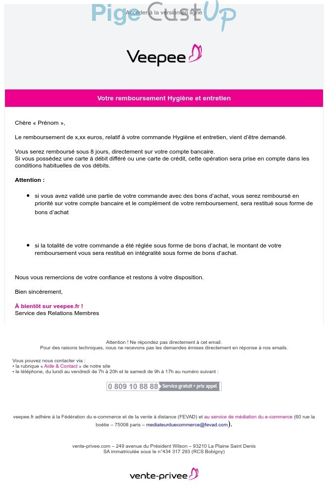 Exemple de Type de media  e-mailing - Veepee - Transactionnels - Remboursements - Service Clients - Suivi de demande