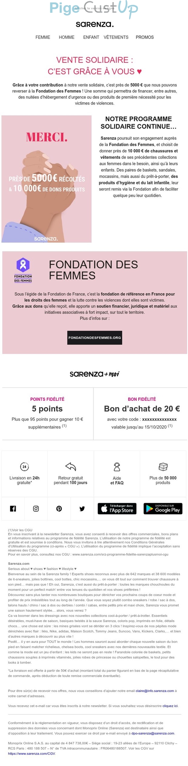 Exemple de Type de media  e-mailing - Sarenza - Marketing marque - Institutionnel - Marketing fidélisation - Points et statut