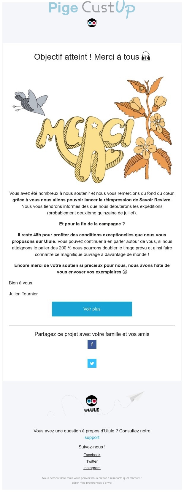 Exemple de Type de media  e-mailing - Ulule - Marketing relationnel - Remerciements