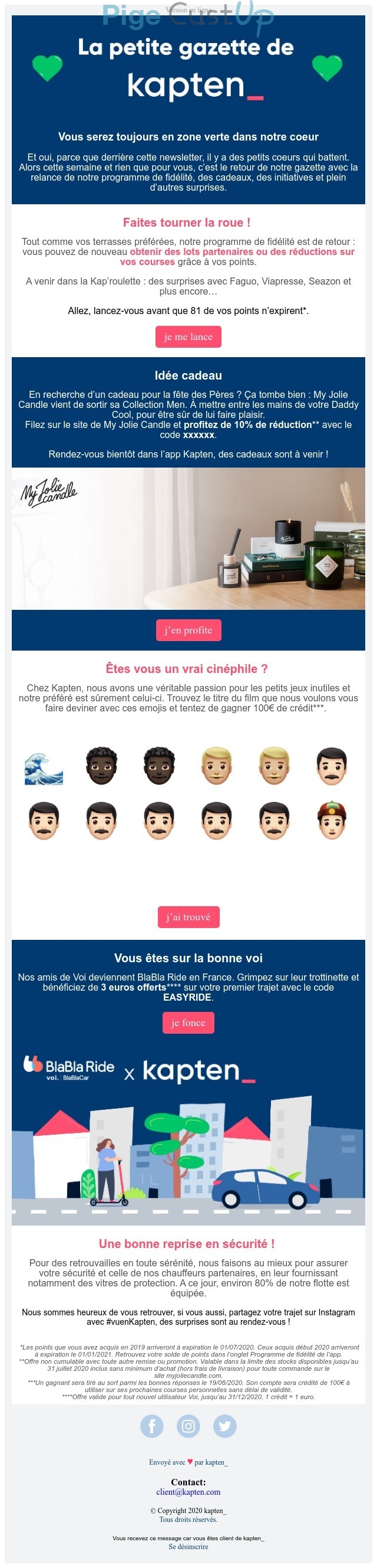 Exemple de Type de media  e-mailing - Kapten - Marketing fidélisation - Animation / Vie du Programme de Fidélité - Incitation au réachat - Points et statut - Marketing marque - Communication Services - Nouveaux Services - Marketing Acquisition - Gratuit - Cadeau - Jeu promo - Ventes flash, soldes, demarque, promo, réduction