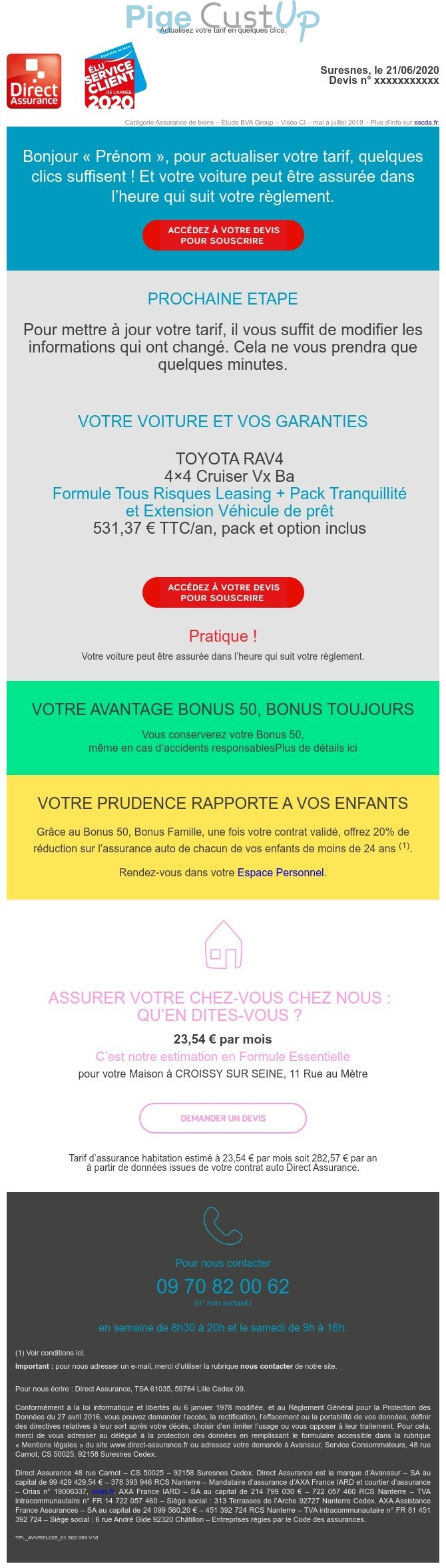 Exemple de Type de media  e-mailing - Direct Assurance - Marketing marque - Communication Produits - Nouveaux produits - Communication Services - Nouveaux Services - Marketing Acquisition - Panier abandonné