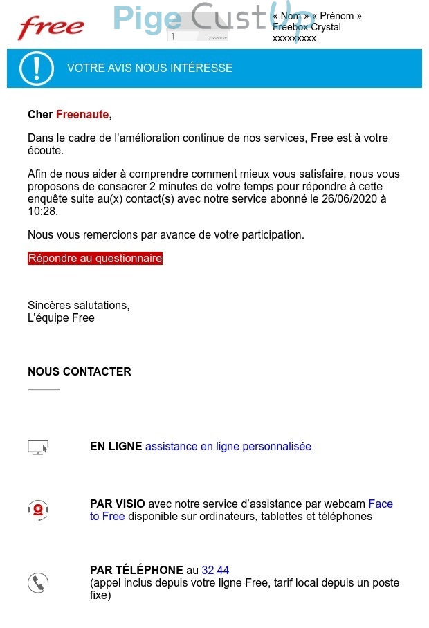 Exemple de Type de media  e-mailing - Free - Enquêtes Clients - Consultation client