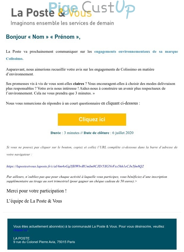 Exemple de Type de media  e-mailing - La Poste - Enquêtes Clients - NPS / Avis clients