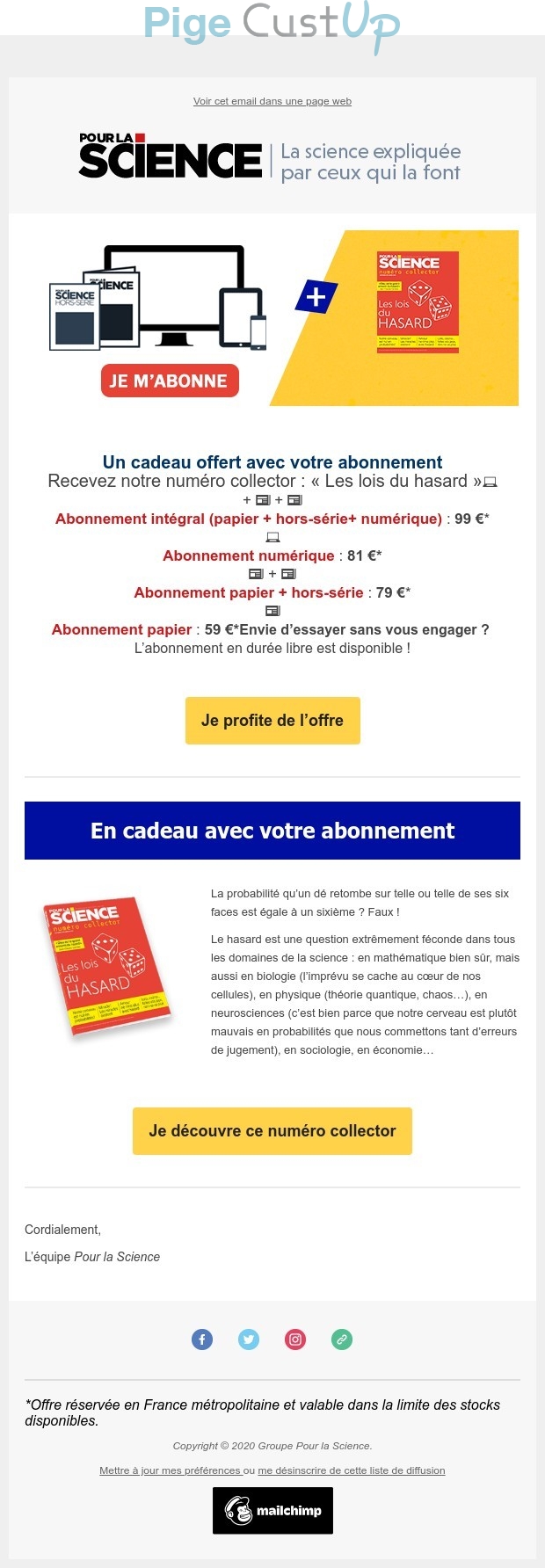 Exemple de Type de media  e-mailing - Pour la Science - Marketing Acquisition - Acquisition abonnements - Derniers jours - Gratuit - Cadeau