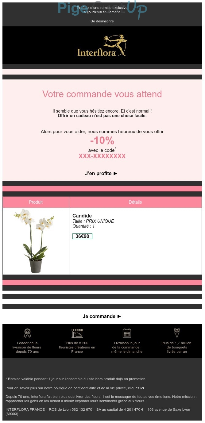 Exemple de Type de media  e-mailing - Interflora - Marketing Acquisition - Panier abandonné - Ventes flash, soldes, demarque, promo, réduction