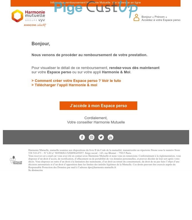 Exemple de Type de media  e-mailing - Harmonie Mutuelle - Transactionnels - Remboursements