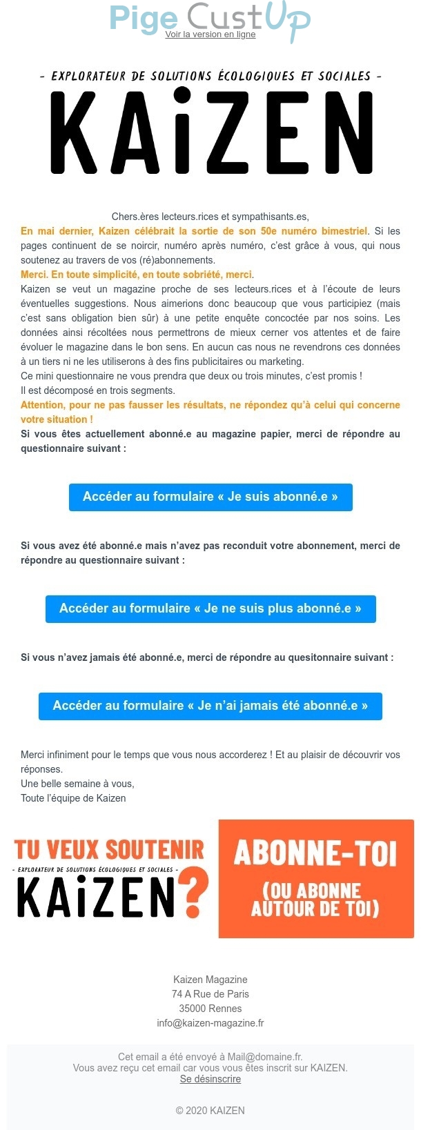 Exemple de Type de media  e-mailing - Kaizen - Marketing Acquisition - Acquisition abonnements - Enquêtes Clients - Consultation client