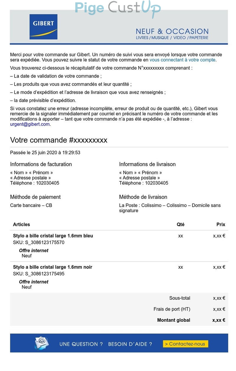 Exemple de Type de media  e-mailing - Gibert Joseph - Transactionnels - Confirmation de commande