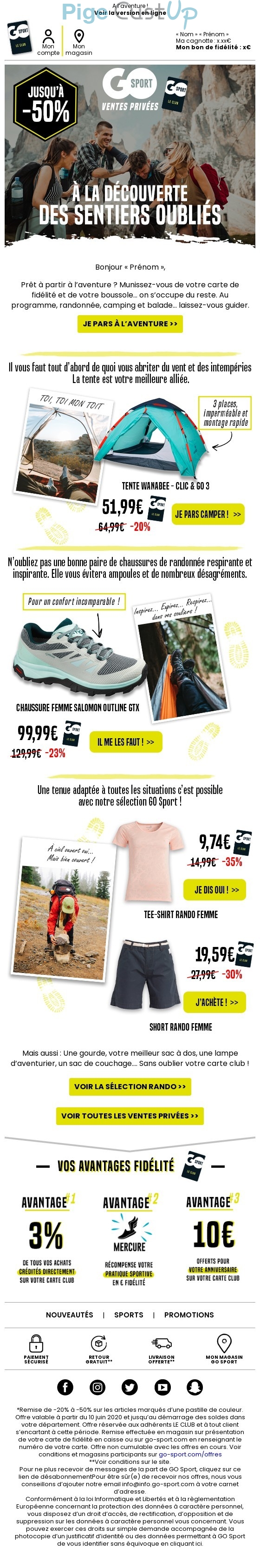 Exemple de Type de media  e-mailing - Go Sport - Marketing fidélisation - Animation / Vie du Programme de Fidélité - Incitation au réachat - Points et statut - Marketing marque - Communication Produits - Nouveaux produits - Marketing Acquisition - Ventes flash, soldes, demarque, promo, réduction