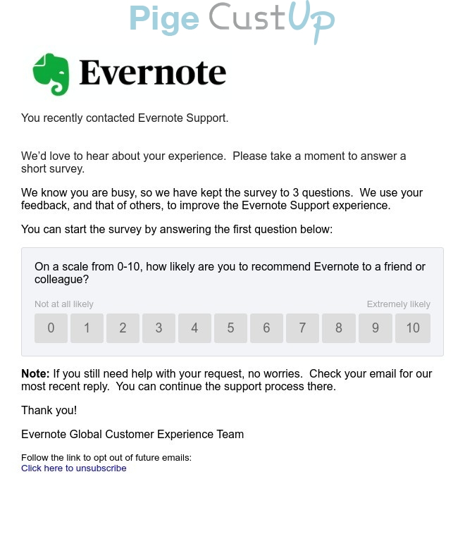 Exemple de Type de media  e-mailing - Evernote - Enquêtes Clients - NPS / Avis clients