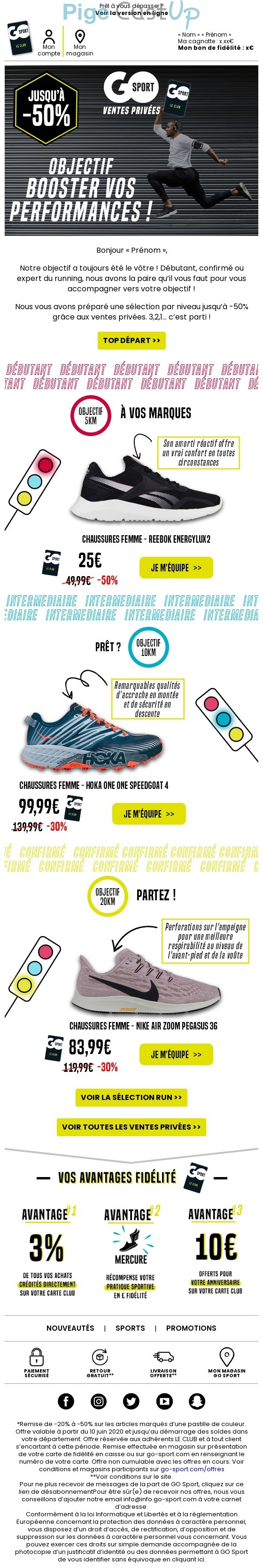 Exemple de Type de media  e-mailing - Go Sport - Marketing fidélisation - Animation / Vie du Programme de Fidélité - Incitation au réachat - Points et statut - Marketing marque - Communication Produits - Nouveaux produits - Marketing Acquisition - Ventes flash, soldes, demarque, promo, réduction