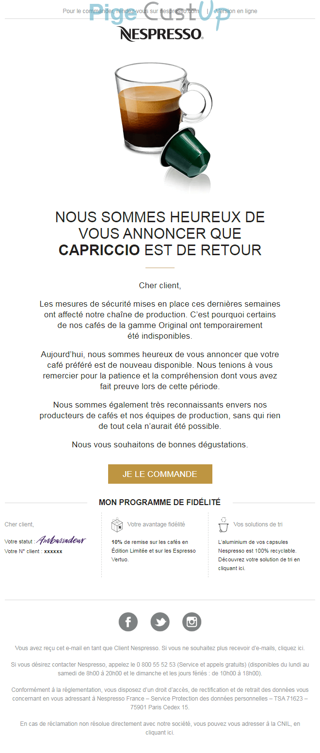 Exemple de Type de media  e-mailing - Nespresso - Marketing marque - Communication Produits - Nouveaux produits - Marketing fidélisation - Début / Fin du Programme de Fidélité - Incitation au réachat - Points et statut