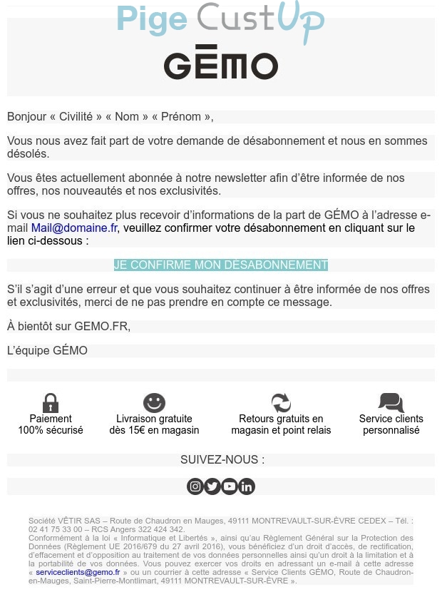 Exemple de Type de media  e-mailing - Gémo - Transactionnels - Confirmation désabonnement Newsletters