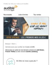 e-mailing - Marketing Acquisition - Acquisition abonnements - Derniers jours - Ventes flash, soldes, demarque, promo, réduction - Audible - 06/2020