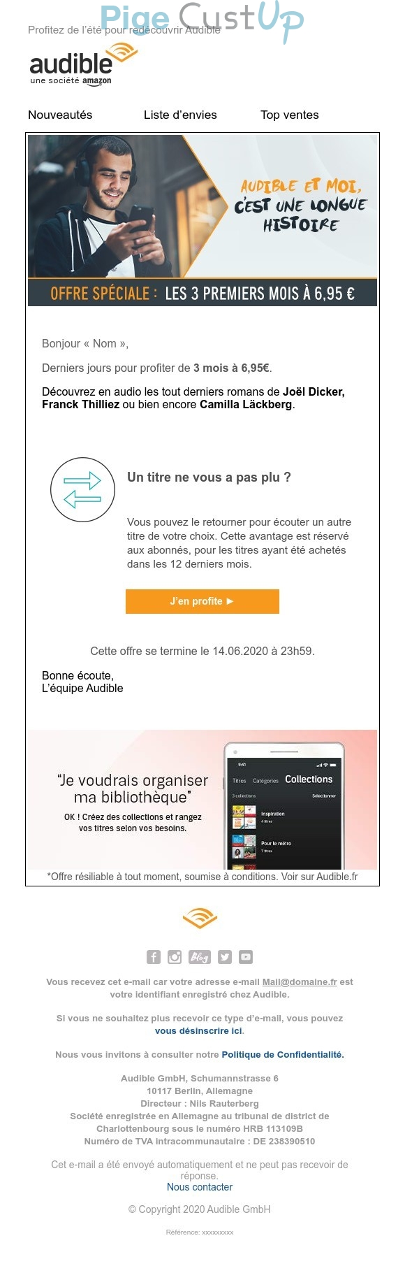 Exemple de Type de media  e-mailing - Audible - Marketing Acquisition - Acquisition abonnements - Derniers jours - Ventes flash, soldes, demarque, promo, réduction