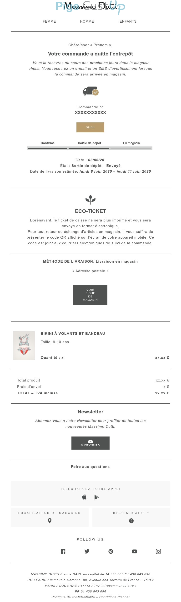 Exemple de Type de media  e-mailing - Massimo Dutti - Transactionnels - Suivi de commande Expédition / Livraison