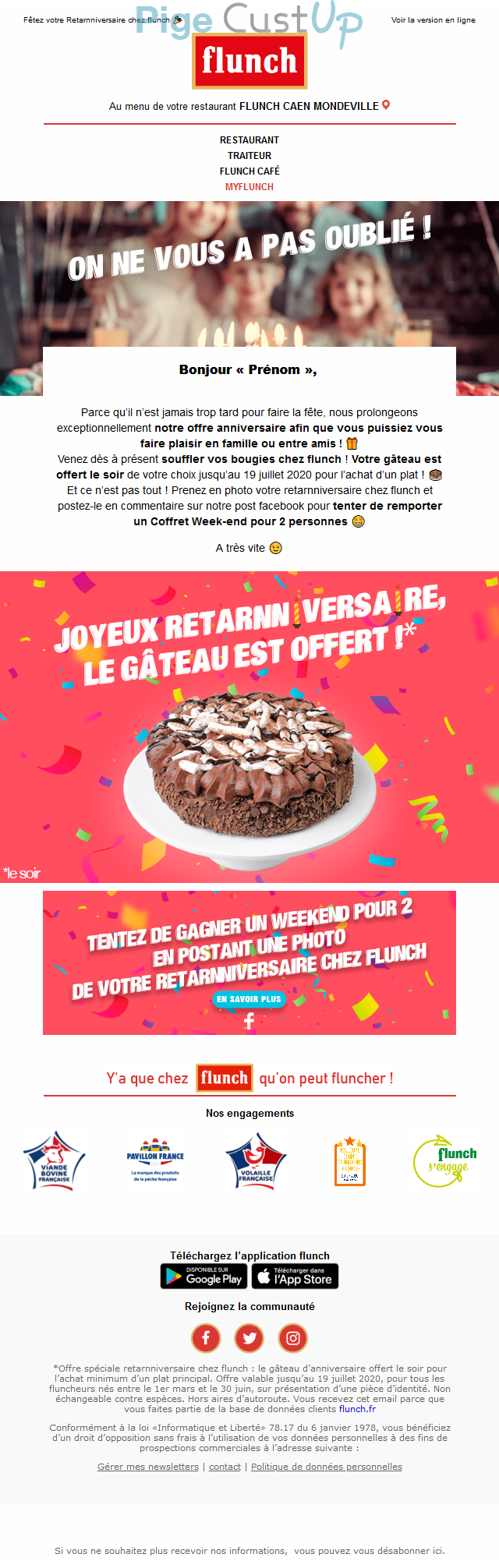 Exemple de Type de media  e-mailing - Flunch - Marketing relationnel - Anniversaire / Fête contact - Marketing Acquisition - Gratuit - Cadeau - Jeu promo