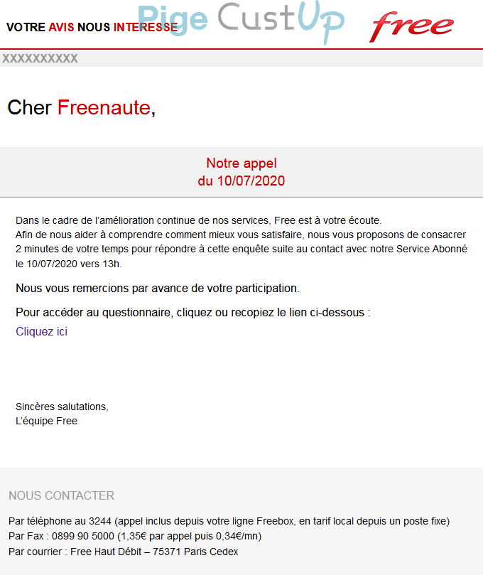 Exemple de Type de media  e-mailing - Free - Enquêtes Clients - NPS / Avis clients