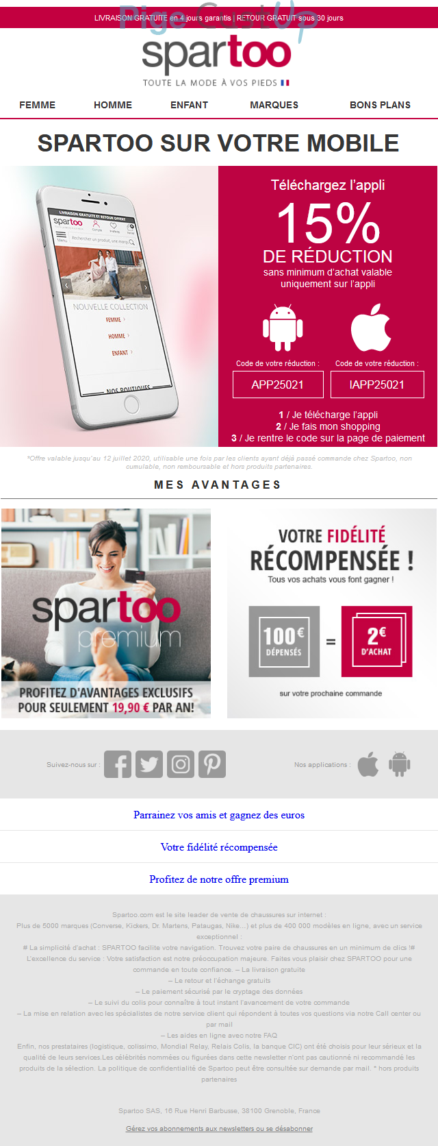 Exemple de Type de media  e-mailing - Spartoo - Collecte de données - Acquisition de leads - Marketing fidélisation - Incitation au réachat - Marketing Acquisition - Ventes flash, soldes, demarque, promo, réduction