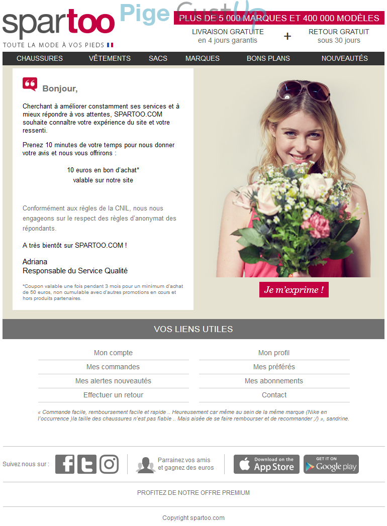 Exemple de Type de media  e-mailing - Spartoo - Enquêtes Clients - NPS / Avis clients - Marketing Acquisition - Gratuit - Cadeau