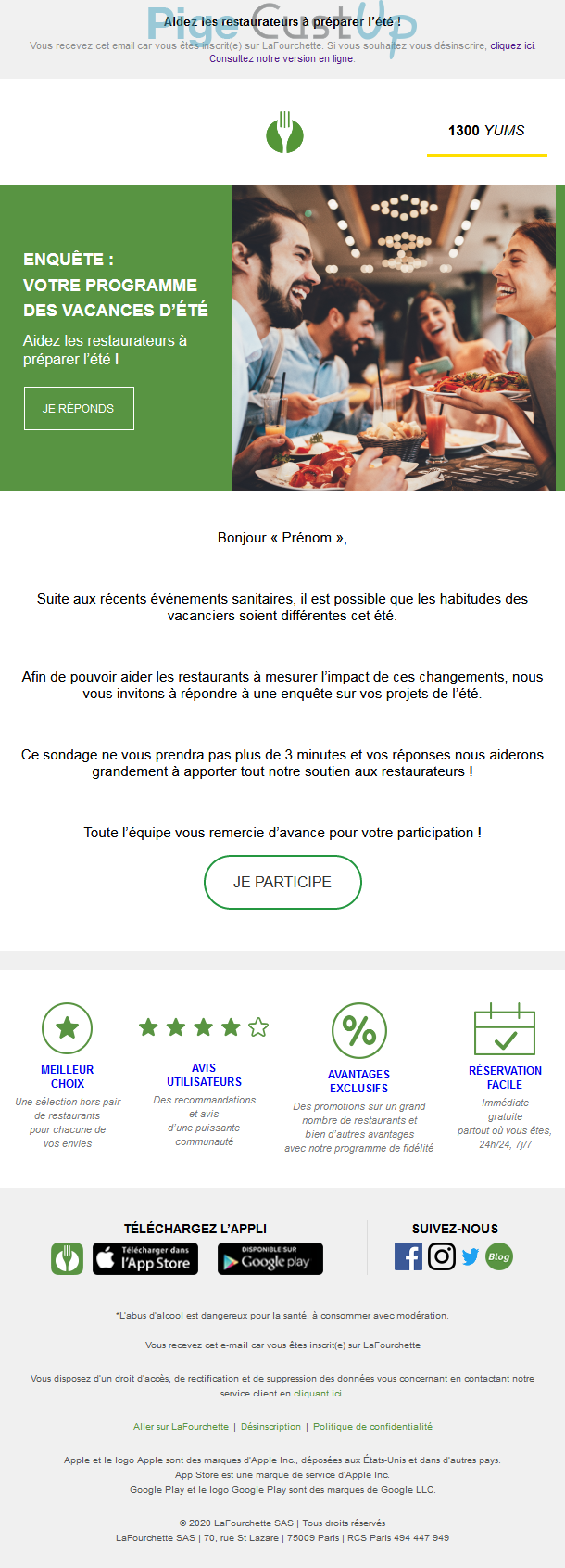 Exemple de Type de media  e-mailing - Lafourchette - Enquêtes Clients - Consultation client