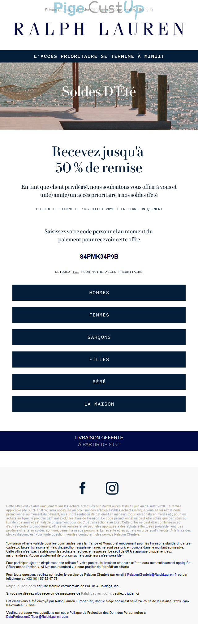 Exemple de Type de media  e-mailing - Ralph Lauren - Marketing fidélisation - Animation / Vie du Programme de Fidélité - Incitation au réachat - Marketing Acquisition - Derniers jours - Ventes flash, soldes, demarque, promo, réduction