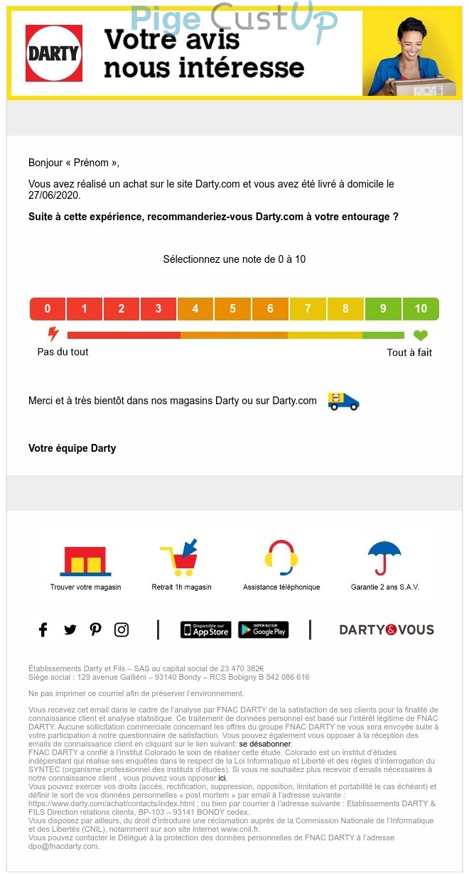 Exemple de Type de media  e-mailing - Darty - Enquêtes Clients - NPS / Avis clients