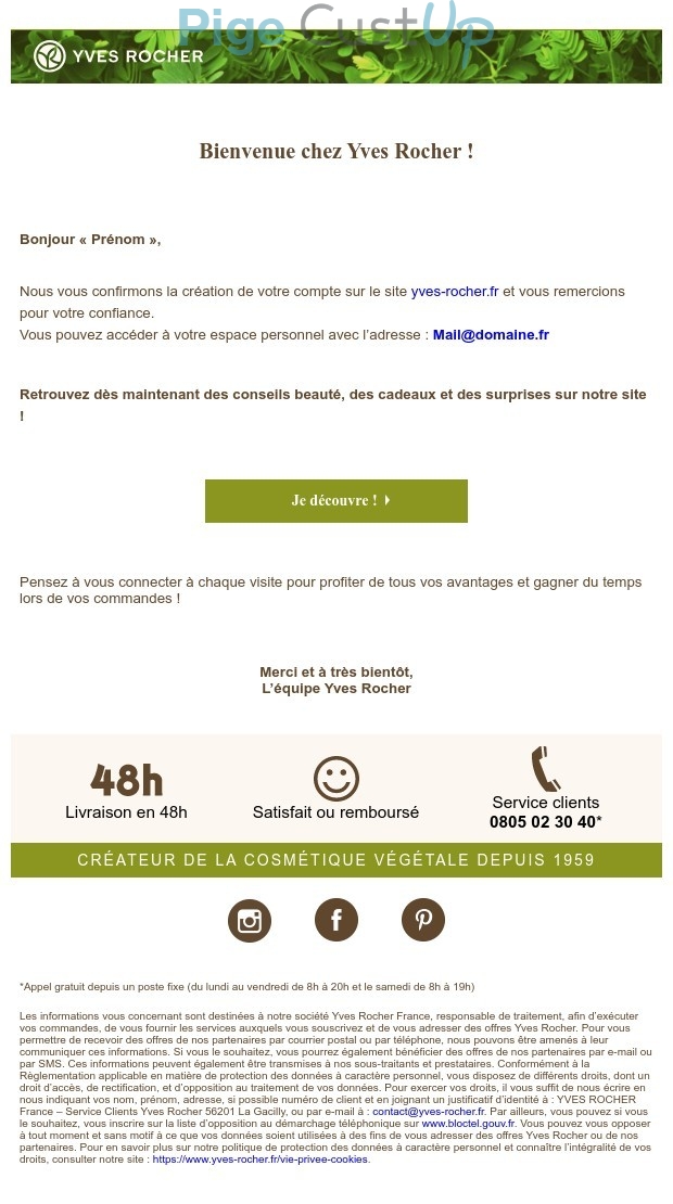 Exemple de Type de media  e-mailing - Yves Rocher - Marketing relationnel - Bienvenue - Welcome - Transactionnels - Confirmation Ouverture de compte